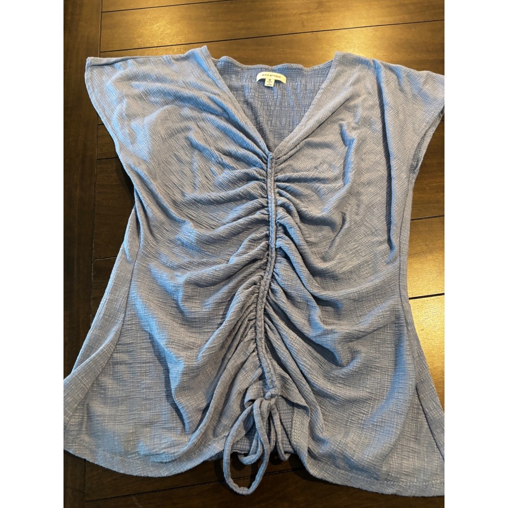 Max Studio Womens Blue Ruched Front Drawstring V-Neck Top Size Medium